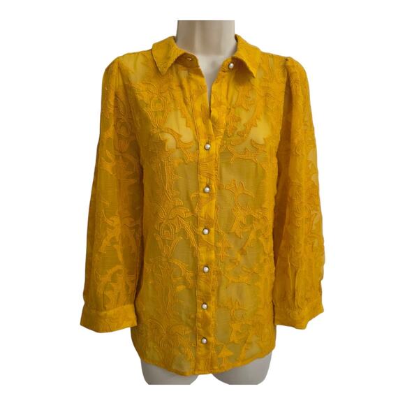 Forever That Girl Yellow Embroidered Victorian Blouse Pearl Buttons Sz Small - Picture 1 of 8